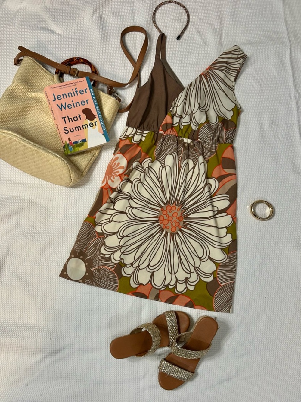 Judith March Hippie Flower One-Shoulder Floral Dress in Brown, Cream & Orange